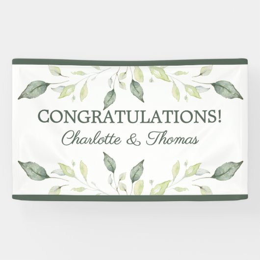 Elegante Waterverf Groene Bladeren & Trim Huwelijk Spandoek (Horizontaal)