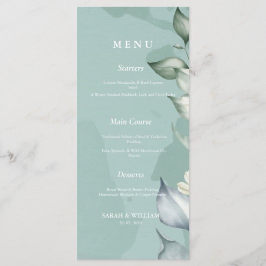 Elegante Waterverf Groene bladeren | Wit Menu (Voorkant)