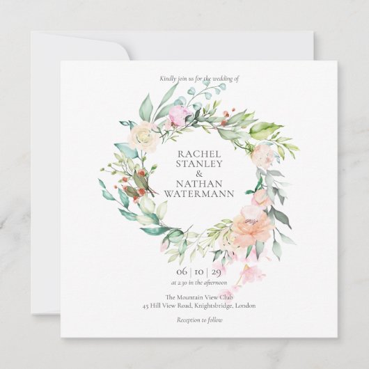 Elegante Waterverf Groene Bloemige Bruiloft Kaart (Voorkant)