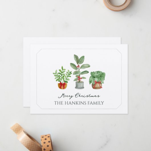 Elegante Waterverf Groene Botanicals Kerst Kaart Notitiekaartje (Voorkant / Achterkant in situ)