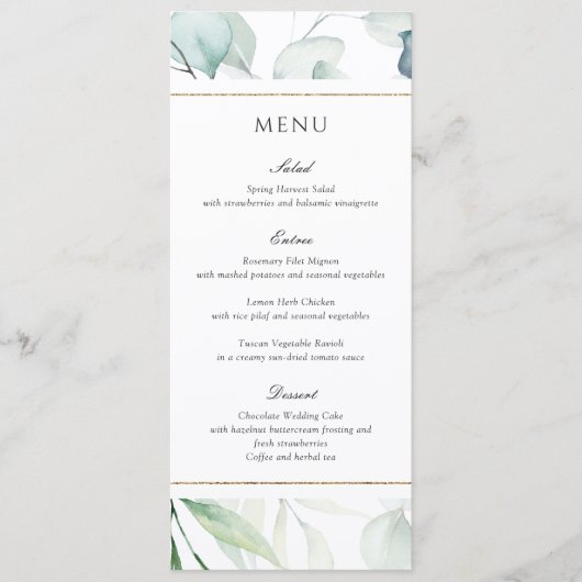 Elegante Waterverf Groene Botanische Trouw Menu (Voorkant)