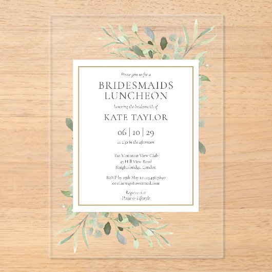 Elegante Waterverf Groene Bruidsmeisjes Lunch Acryl Uitnodigingen (Voorkant)