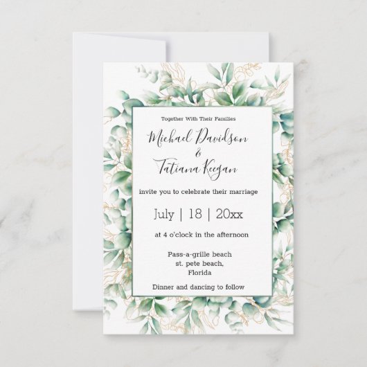 elegante waterverf groene goudbladeren bruiloft kaart (Voorkant)