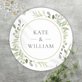 Elegante Waterverf Groene Huwelijk Gouden Favor Ronde Sticker