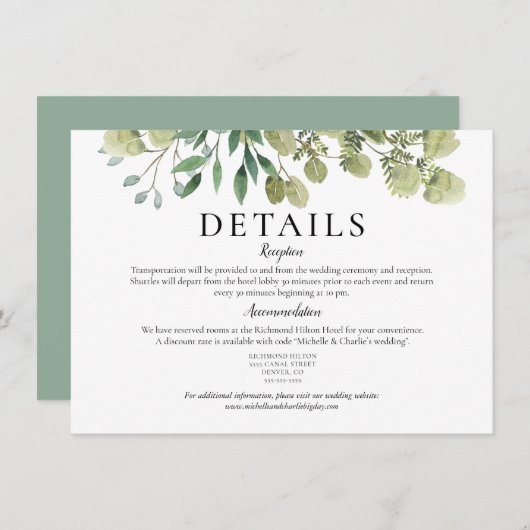 Elegante Waterverf Groene Huwelijksdetails Kaart (Voorkant / Achterkant)