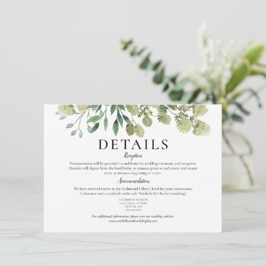 Elegante Waterverf Groene Huwelijksdetails Kaart (Staand voorkant)