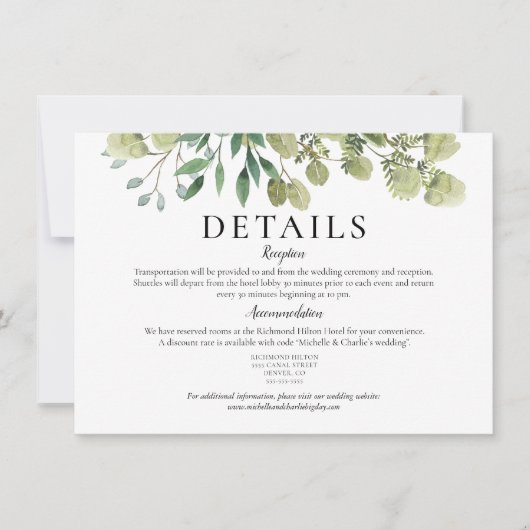 Elegante Waterverf Groene Huwelijksdetails Kaart (Voorkant)