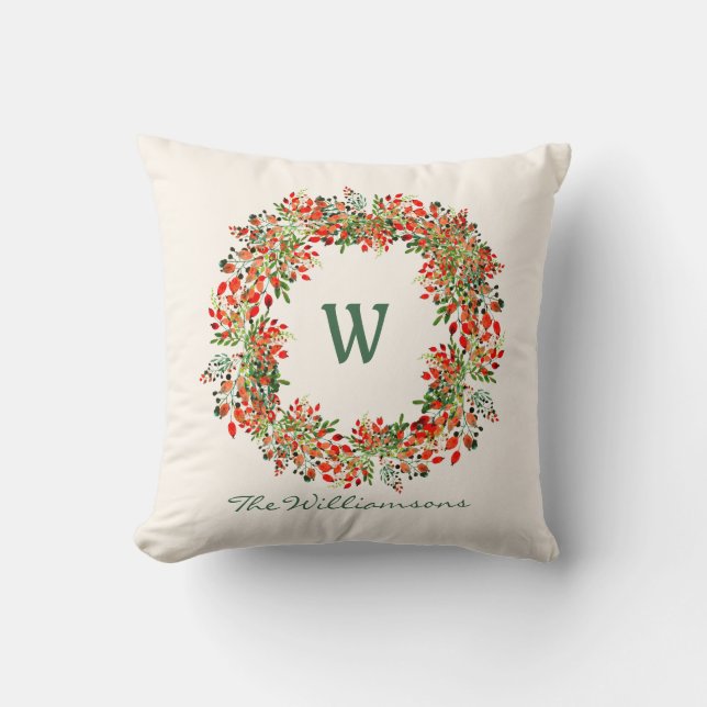 Elegante waterverf groene krans monogram op maat kussen (Voorkant)