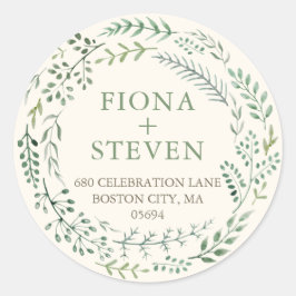 Elegante waterverf groene krans retouradres ronde sticker