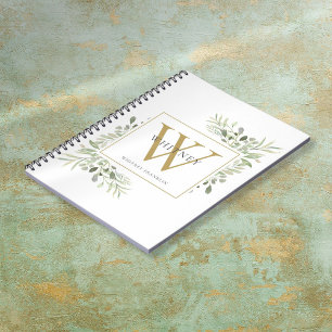 Elegante Waterverf Groene Monogram Naam Notitieboek