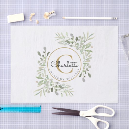 Elegante Waterverf Groene Monogram Naam Tissuepapier (Craft)