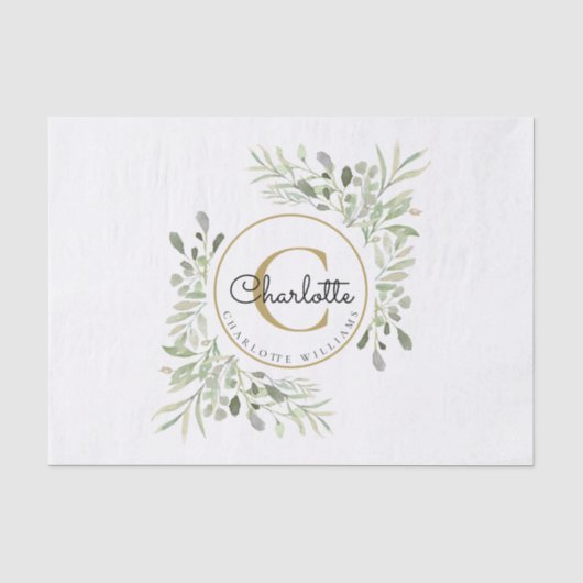 Elegante waterverf groene monogramnaam tissuepapier (Voorkant)