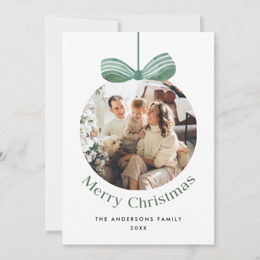 Elegante Waterverf Groene Strik Kerst Vijf Foto Feestdagenkaart (Voorkant)