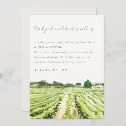 Elegante Waterverf Groene Wijngaard Trouw Bedankkaart (Voorkant / Achterkant)