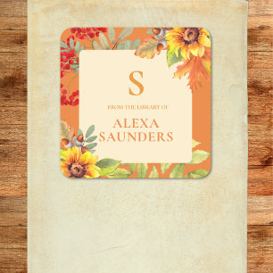 Elegante waterverf herfst bloemige monogram vierkante sticker