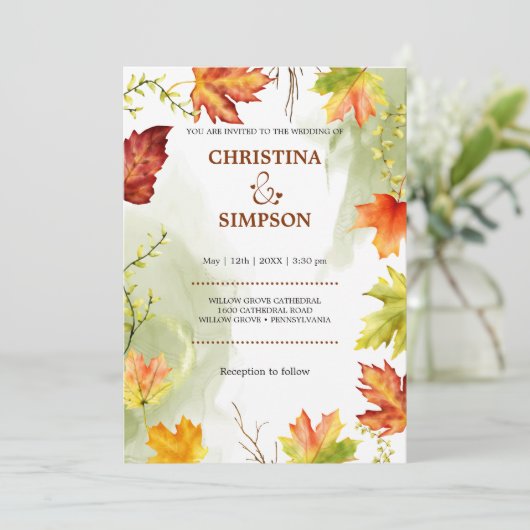 Elegante Waterverf herfst foto bruiloft Kaart (Staand voorkant)