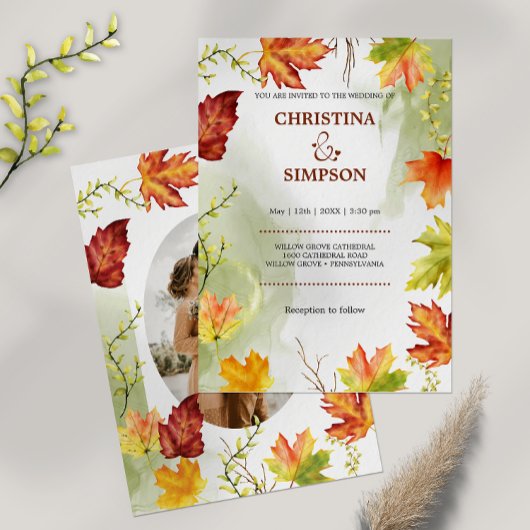 Elegante Waterverf herfst foto bruiloft Kaart