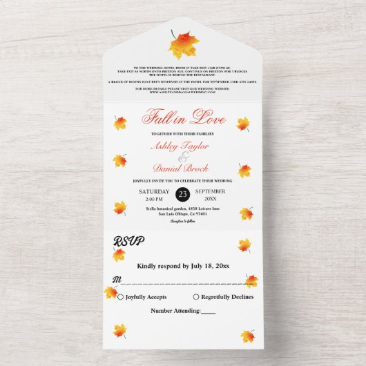 Elegante Waterverf herfst laat Boho bloemenbruilof All In One Uitnodiging (Binnen)