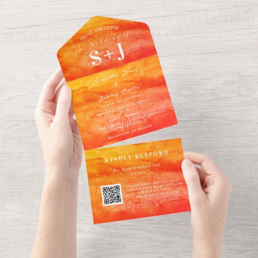 Elegante Waterverf Herfst QR Code Bruiloft RSVP All In One Uitnodiging (Afscheurbaar)