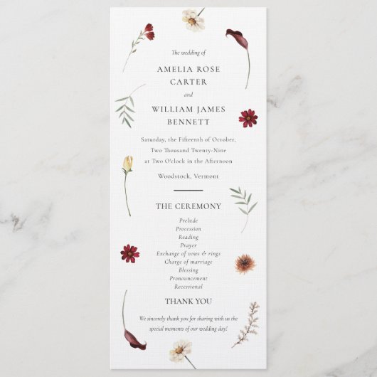 Elegante Waterverf Herfst Wilde Bloemen Bruiloft Programmakaart (Voorkant)