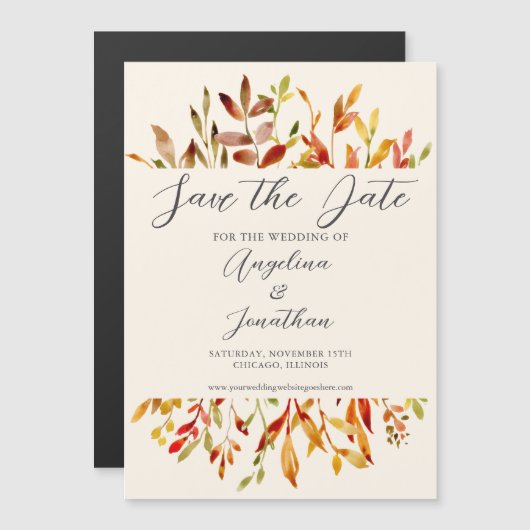 Elegante Waterverf Herfstbladeren Koppel Foto Magnetische Uitnodiging (Voorkant / Achterkant)