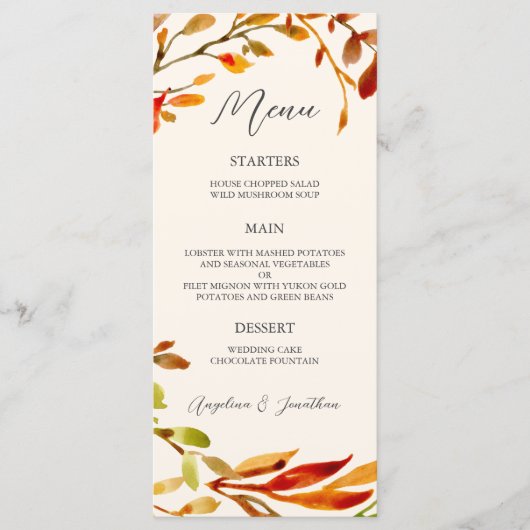 Elegante Waterverf herfstbladeren trouwdiner Menu (Voorkant)