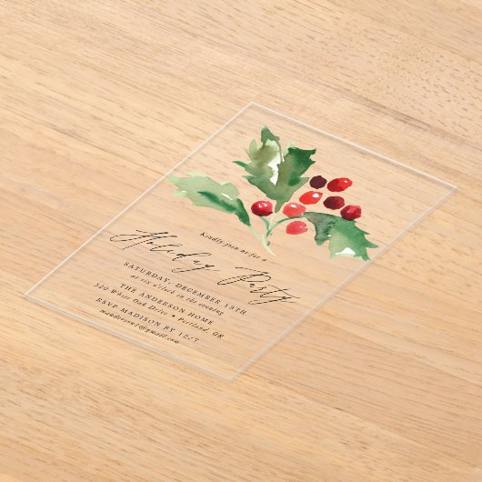 Elegante Waterverf Holly Berries Holiday Party Acryl Uitnodigingen (Laagn)