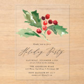 Elegante Waterverf Holly Berries Holiday Party Acryl Uitnodigingen (Voorkant)