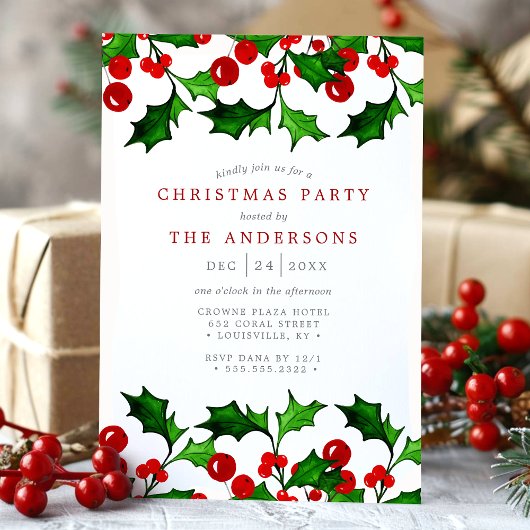 Elegante Waterverf Holly Berries Kerstfeest Kaart