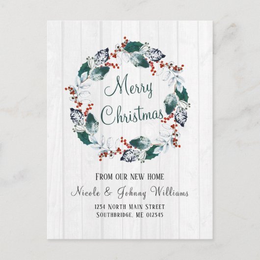 Elegante Waterverf Holly Wreath Christmas Moving Aankondigingskaart (Voorkant)