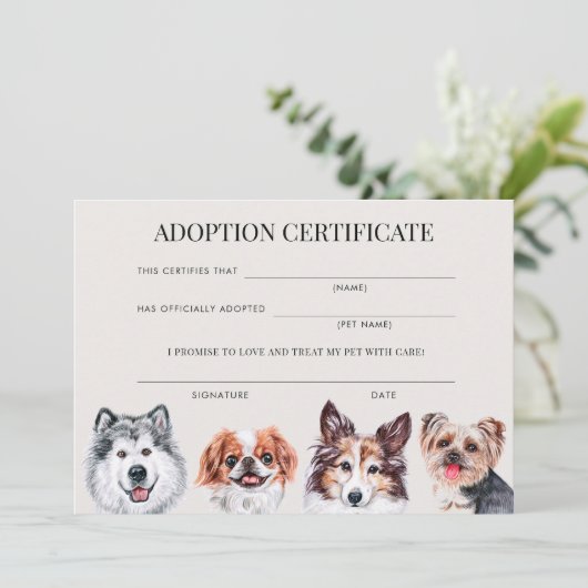 Elegante Waterverf hond adoptiecertificaat Kaart (Staand voorkant)
