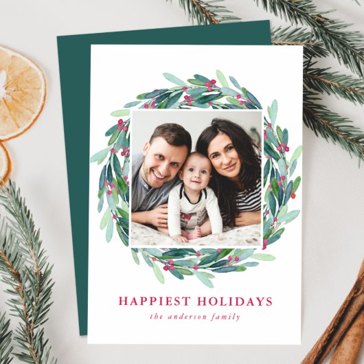 Elegante Waterverf Hulstbes Krans Foto Feestdagenkaart