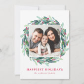 Elegante Waterverf Hulstbes Krans Foto Feestdagenkaart (Voorkant)