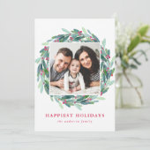 Elegante Waterverf Hulstbes Krans Foto Feestdagenkaart (Staand voorkant)