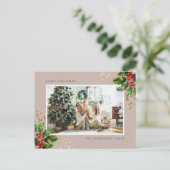 Elegante Waterverf Hulstbessen Foto Feestdagenkaart (Staand voorkant)