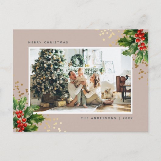 Elegante Waterverf Hulstbessen Foto Feestdagenkaart (Voorkant)