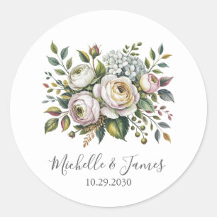 Elegante waterverf Hydrangea Roos Bloemige Trouwda Ronde Sticker