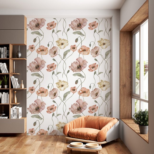 Elegante Waterverf IJslandse papaver bloemmotief Behang (Elegant Watercolor Icelandic Poppy Floral Pattern Wallpaper)