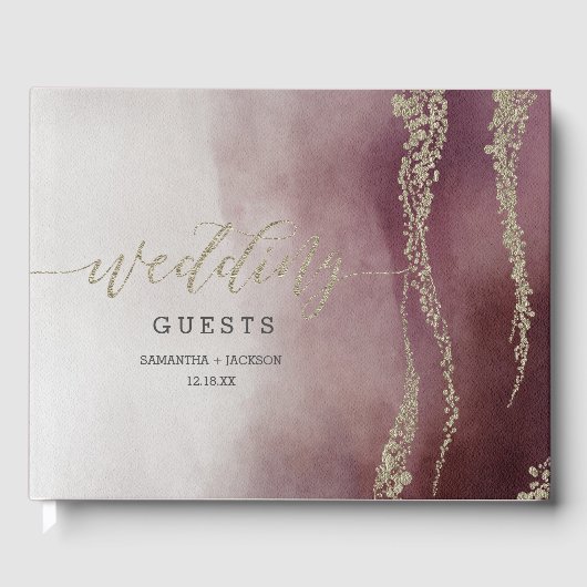 Elegante Waterverf in Cranberry Bruiloft Monogram Gastenboek (Voorkant)