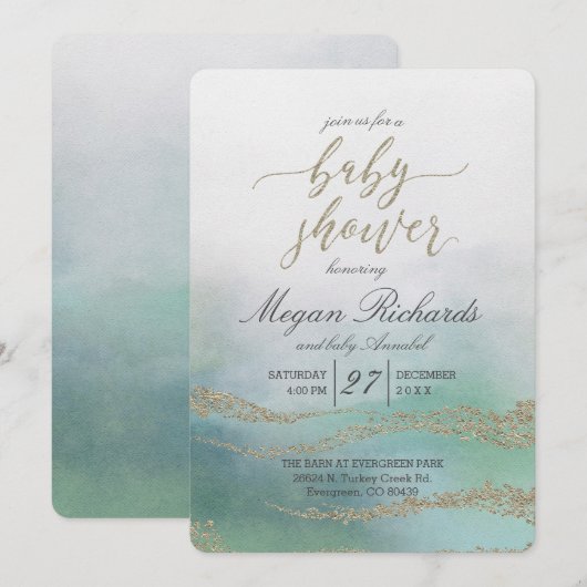 Elegante Waterverf in Ocean Baby shower Invitation Kaart (Voorkant / Achterkant)