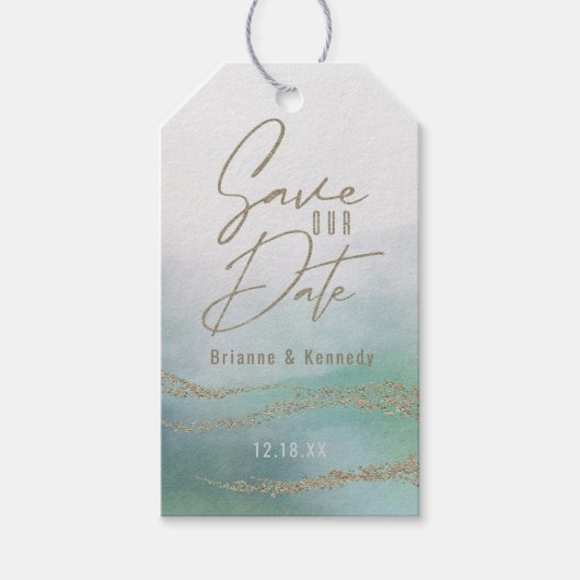 Elegante Waterverf in Ocean & Gold Bewaar onze Dat Cadeaulabel (Voorkant)
