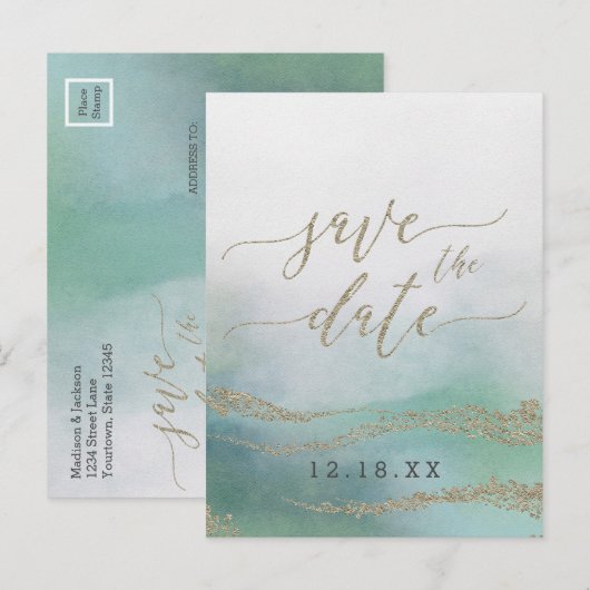 Elegante Waterverf in Ocean Wedding Save the Date Aankondigingskaart (Voorkant / Achterkant)