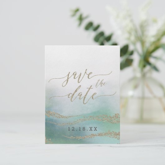 Elegante Waterverf in Ocean Wedding Save the Date Aankondigingskaart (Staand voorkant)