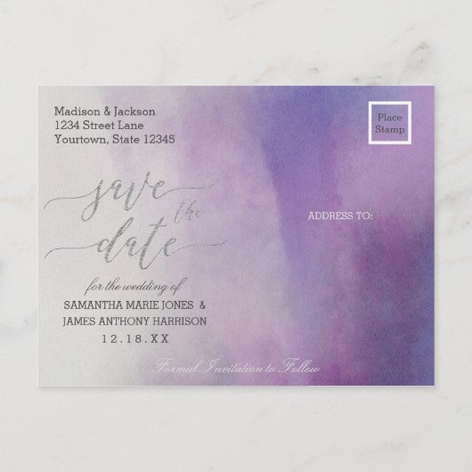 Elegante Waterverf in Orchidee Bruiloft Save the D Aankondigingskaart (Achterkant)