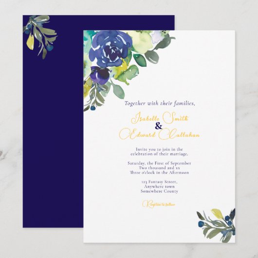 Elegante Waterverf Indigo Blue Rozen bruiloft Kaart (Voorkant / Achterkant)