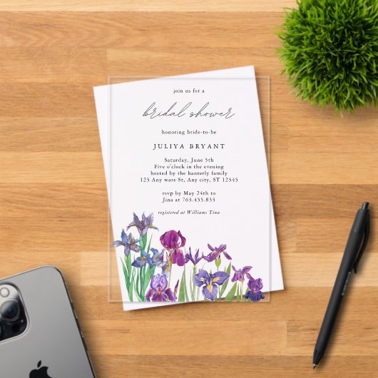 Elegante waterverf Iris bloem vrijgezellenfeest Acryl Uitnodigingen (Insitu (Uitnodiging))