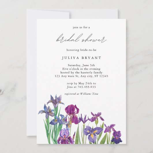 Elegante waterverf Iris bloem vrijgezellenfeest Kaart (Voorkant)