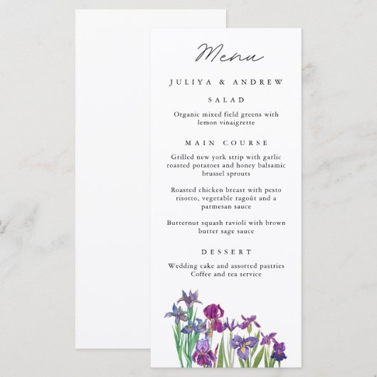 Elegante waterverf Iris bloem Wedding Menu kaart (Voorkant / Achterkant)