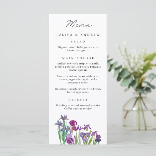 Elegante waterverf Iris bloem Wedding Menu kaart (Staand voorkant)