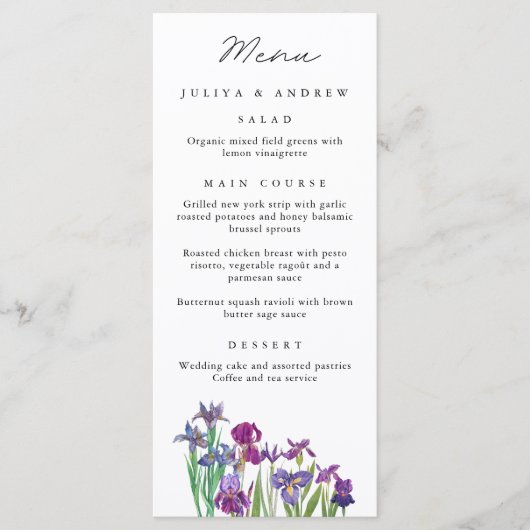 Elegante waterverf Iris bloem Wedding Menu kaart (Voorkant)